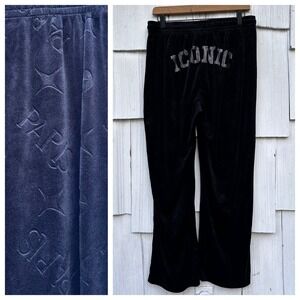 Paris Hilton Velour Track Pants Iconic Rhinestone Logo Black Flare Lounge Size L